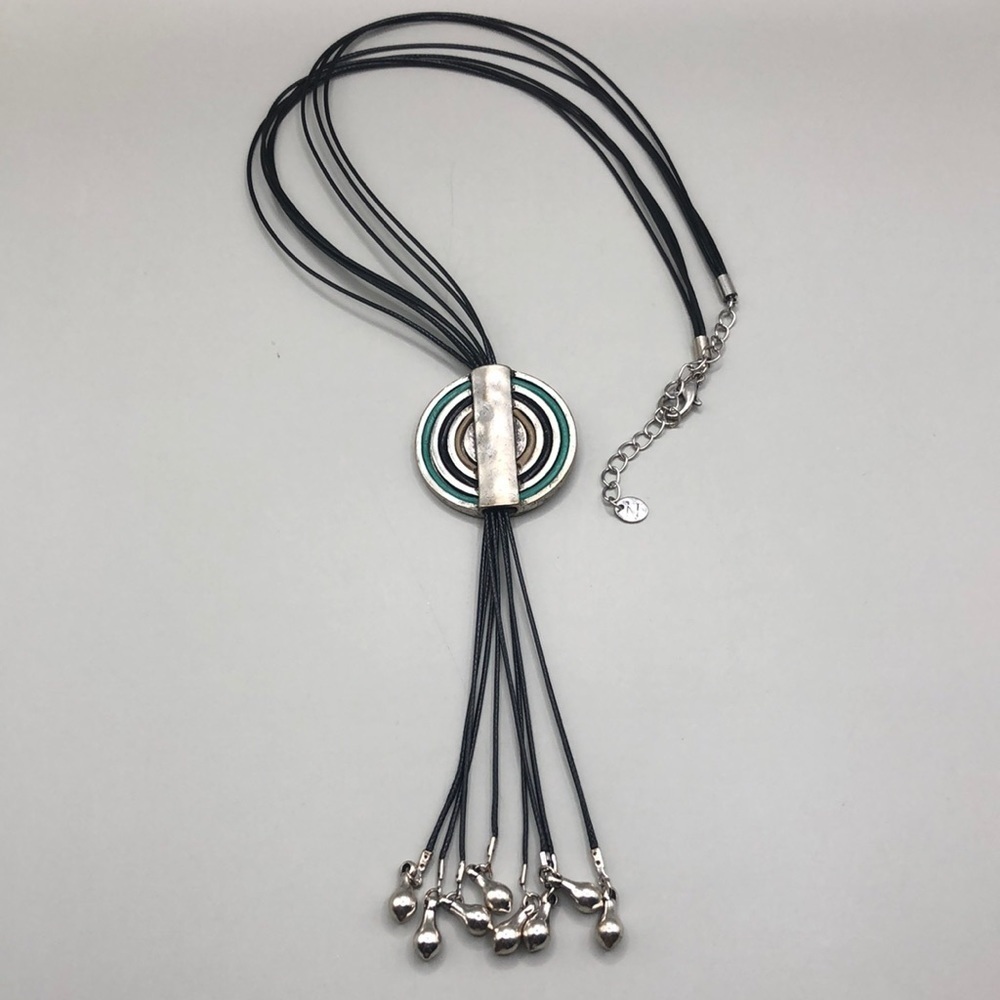 Modernist style multi cord layer fringe pendant statement look trendy necklace.